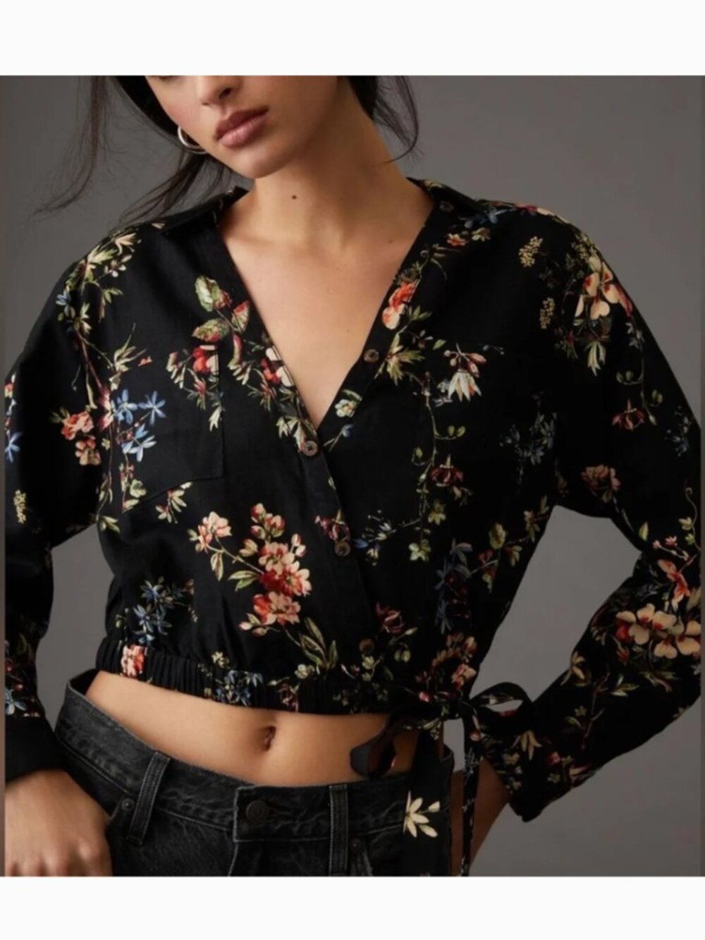 Anthropologie Cropped Floral Black Waist-Tie Blouse